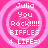Four identical pink circular icons with white text reading "Julia You Rock!!!!! BIFFLES 4 LIFE=)" arranged in a on a solid pink background