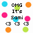 Pixelated graphic with text "OMG It's Somi" surrounded by colored circles and heart symbols on a white background.