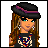 Pixel art character with long brown hair, black hat with purple stripe, teal eyes, and dark shirt featuring red/blue design.