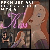 nine showing a cartoon woman with red hair and purple dress, with inset scene of two figures in a room, text "PROMISES ARE ALWAYS SEALED WITH A Kiss" in white and pink