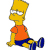 Pixelated character with yellow skin, orange shirt, blue pants, and black shoes sitting in profile view.