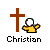 Static pixel art icon featuring a brown cross with white outline, yellow figure in motion, and the word "Christian" below on gray background.