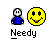Pixelated buddy icon with blue figure and yellow smiley face, repeated ; text "Needy" below each instance