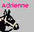 Pixelated image with pink text 'Adrienne' above a black-and-white figure holding flowers against gray background.