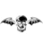 Pixelated grayscale icon of a skull with outstretched wings, featuring hollow eye sockets and a toothy grin against white background.
