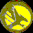 Circular pixelated icon with yellow crescent and green-brown border, featuring a stylized leaf or plant shape in the center.