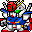 Pixelated character in red and blue outfit with green accents, gray armor pieces, and yellow details, holding a glowing cyan object against a gray background.