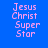 Four display 'Jesus Christ Super Star' text in pink pixelated font against blue, gray, yellow, and gray backgrounds