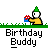 Animated contact sheet showing 11 frames of a pixel art birthday buddy character performing actions like holding gifts, confetti explosions, and sitting at tables with cakes and balloons.