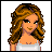 Pixelated image of a woman with long wavy brown hair wearing a white top, next to two heart-shaped text overlays and one solid red heart.