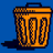 Pixelated orange trash can with dark brown vertical lines on a solid blue background, casting a black shadow to the left.