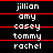 three and seven displaying repeated names in white pixelated text on black background with red horizontal lines separating each