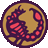 Pixelated circular icon with golden-yellow background, dark purple border, and red pixel clusters forming a stylized zodiac symbol.