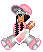Pixel art character with pink and gray outfit holding a glowing object, shown in three animation frames with varying spark effects.