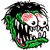 Two side-by-side pixelated horror-themed cartoon skulls with green skin, black hair, and red eyes on a white background.