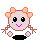Pixel art of a cartoon character with pink hair bows, black eyes, and purple mouth in two poses against gray background.