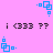 Pixelated blue square icons with small dots animate on a pink background, paired with black text reading 'i <333 ??' in two