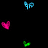 Three pixelated heart-shaped icons in cyan, magenta, and green colors arranged on a black background.