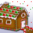 Animated gingerbread house with red and green icing decorations, white snow-like dots on background, and a moving light-colored object near the roof.