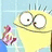 Yellow cartoon character with large white eyes and black pupils, holding a pink and white striped object against a light blue background.