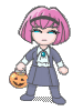 Pixelated character with pink hair and blue eyes holding a pumpkin basket, shown in two expressions: neutral and smiling.