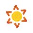 A circular yellow sun with green dots surrounded by eight orange arrows in a star pattern on gray background.
