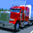 A static pixelated image of a red semi-truck with purple accents parked on a road under a blue sky.