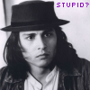 Black-and-white four- shows a person with long hair wearing a dark fedora and jacket over a light shirt, each displaying different purple text above the head