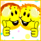 Two yellow smiley faces with orange hair, each giving a thumbs-up gesture; one face has closed eyes while the other has open eyes.