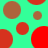 Animated pattern of red and brown circles on a teal background with partial circle segments shifting positions.