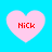 Four pink heart-shaped icons with red text "NICK" on a bright blue background, arranged in a