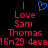 Pixelated red text on black background with blue heart symbol above, showing 'I Love Sam Thomas' and partial numbers.