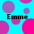 A static image with a bright cyan background featuring overlapping pink and purple circles, four instances of the text "Emme" in bold black font positioned at corners.