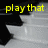 Yellow text fragments 'play that', 'funky', and 'music' appear sequentially over a grayscale image of a person's lower body in motion.