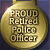 Golden circular badge with text 'PROUD Retired Police Officer' on left, green background with 'Original Icons .com' in pixelated font on right.