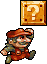 Pixel art of a character in red overalls and cap running beneath an orange question block with four dark corners.