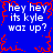 Blue background with red pixelated border and white text repeating 'hey hey its kyle waz up?' in four quadrants.