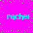 A static image with a bright pink background and scattered white dots, featuring four instances of the text 'rachel' in cyan pixelated font arranged in a