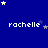 Blue background with repeated 'rachelle' text and scattered stars in yellow, white, and purple.