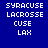Four pixelated text display 'SYRACUSE LACROSSE CUSE LAX' in white on blue, maroon, orange, and dark purple backgrounds