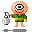 Pixelated character with single large eye, peach skin, green outfit holding white lantern; expression shifts between smiling and neutral across frames.