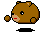 Pixelated brown bear-like character with red mouth, black eyes, and beige cheeks; left side shows raised paw while right side has a white exclamation mark.