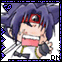 Pixelated anime-style character with purple hair and red eye patch, holding black object near mouth, blue heart symbol in top-left corner.