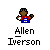 Pixel art of a figure in blue overalls with red straps, holding a white object, below text reading 'Allen Iverson' on gray background.