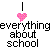 A pixelated animation with pink heart icons above text reading "everything about school" and changing variations of "BUT the" followed by truncated words in black and pink.