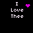 Black background with white text "I Love Thee" and four distinct purple pixelated symbols in different positions.