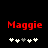 Red text 'Maggie' above five white and gray plus signs on a black background, with the fourth sign changing from white to gray between frames.