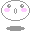 Pixelated white oval face with gray border, pink blush marks, gray flower-like eyes, and vertical gray mouth on gray background.