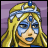 Pixelated cartoon-style icon of a blonde character with blue facial markings and a headpiece against a purple background.