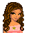 Pixelated character with long brown hair wearing pink star-patterned top and black flared pants, shown in two poses.